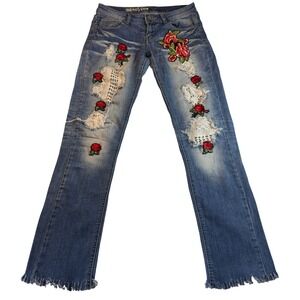 Y2K Machine Nouvelle Mode Distressed Jeans Women's 30x30 Straight Leg Rose Patch